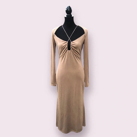 Jason Wu Dresses & Skirts - Jason Wu Engracia Long Sleeve Backless Plunge Midi Dress Tan Size Medium Sexy